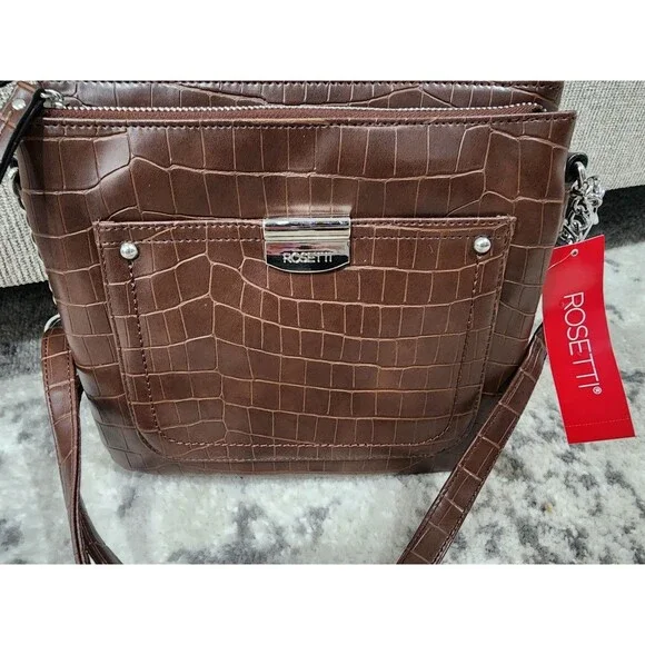 NEW Rosetti Maeve Crossbody Brown Mud Croco Hand Bag Zipper Pockets Chain Strap - Picture 2 of 9